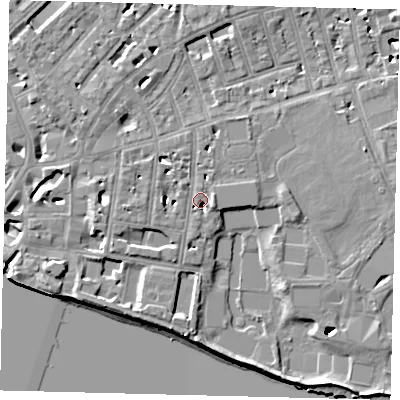 Shaded relief map of the ground around SW63PS, computed from Environment Agency LiDAR. The ground here sits at about 6 m above sea level and falls 10 m across the surrounding 800 m. Surface water reaching this point runs off ground lying to the north-west, 3.9 m higher.