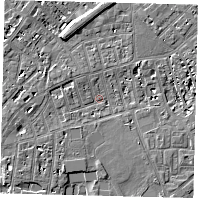 Shaded relief map of the ground around SW63QB, computed from Environment Agency LiDAR. The ground here sits at about 4 m above sea level and falls 10 m across the surrounding 800 m. Surface water reaching this point runs off ground lying to the west-south-west, 3.8 m higher.