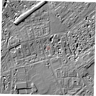 Shaded relief map of the ground around SW63QX, computed from Environment Agency LiDAR. The ground here sits at about 4 m above sea level and falls 10 m across the surrounding 800 m. Surface water reaching this point runs off ground lying to the south-west, 7.0 m higher.