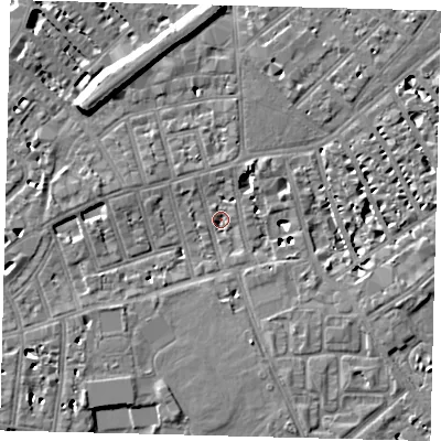 Shaded relief map of the ground around SW63RA, computed from Environment Agency LiDAR. The ground here sits at about 3 m above sea level and falls 10 m across the surrounding 800 m. Surface water reaching this point runs off ground lying to the south-west, 7.0 m higher.