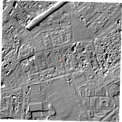 Shaded relief map of the ground around SW63RB, computed from Environment Agency LiDAR. The ground here sits at about 4 m above sea level and falls 10 m across the surrounding 800 m. Surface water reaching this point runs off ground lying to the south-west, 7.0 m higher.