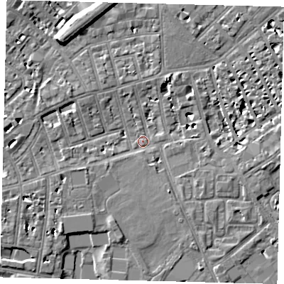 Shaded relief map of the ground around SW63RE, computed from Environment Agency LiDAR. The ground here sits at about 4 m above sea level and falls 10 m across the surrounding 800 m. Surface water reaching this point runs off ground lying to the south-west, 7.0 m higher.