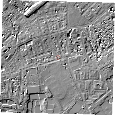 Shaded relief map of the ground around SW63RF, computed from Environment Agency LiDAR. The ground here sits at about 4 m above sea level and falls 10 m across the surrounding 800 m. Surface water reaching this point runs off ground lying to the south-west, 7.0 m higher.