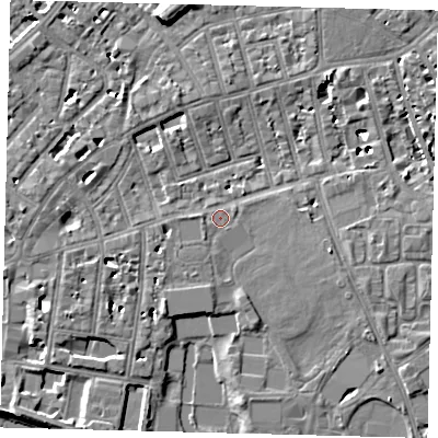 Shaded relief map of the ground around SW63RH, computed from Environment Agency LiDAR. The ground here sits at about 5 m above sea level and falls 10 m across the surrounding 800 m. Surface water reaching this point runs off ground lying to the south-west, 0.9 m higher.