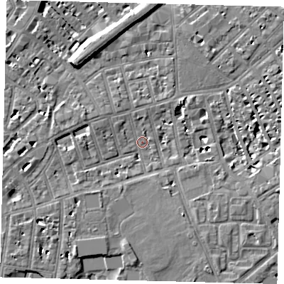 Shaded relief map of the ground around SW63RJ, computed from Environment Agency LiDAR. The ground here sits at about 4 m above sea level and falls 10 m across the surrounding 800 m. Surface water reaching this point runs off ground lying to the west, 4.5 m higher.