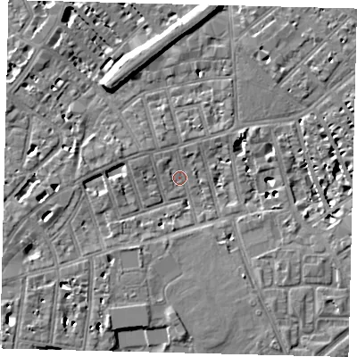 Shaded relief map of the ground around SW63RL, computed from Environment Agency LiDAR. The ground here sits at about 4 m above sea level and falls 10 m across the surrounding 800 m. Surface water reaching this point runs off ground lying to the west-south-west, 3.8 m higher.