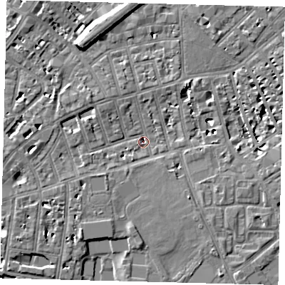 Shaded relief map of the ground around SW63RP, computed from Environment Agency LiDAR. The ground here sits at about 3 m above sea level and falls 10 m across the surrounding 800 m. Surface water reaching this point runs off ground lying to the south-south-west, 2.7 m higher.