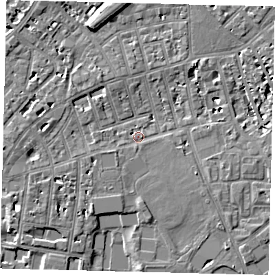 Shaded relief map of the ground around SW63RQ, computed from Environment Agency LiDAR. The ground here sits at about 4 m above sea level and falls 10 m across the surrounding 800 m. Surface water reaching this point runs off ground lying to the west-south-west, 1.8 m higher.