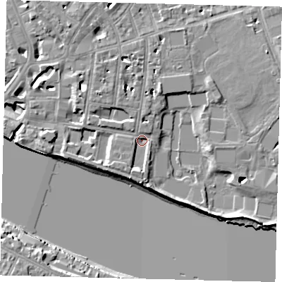 Shaded relief map of the ground around SW63RY, computed from Environment Agency LiDAR. The ground here sits at about 3 m above sea level and falls 13 m across the surrounding 800 m. Surface water reaching this point runs off ground lying to the north-north-west, 3.7 m higher.