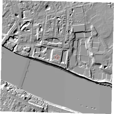 Shaded relief map of the ground around SW63SB, computed from Environment Agency LiDAR. The ground here sits at about 5 m above sea level and falls 13 m across the surrounding 800 m. The ground contributing surface water to this point lies to the west-north-west.