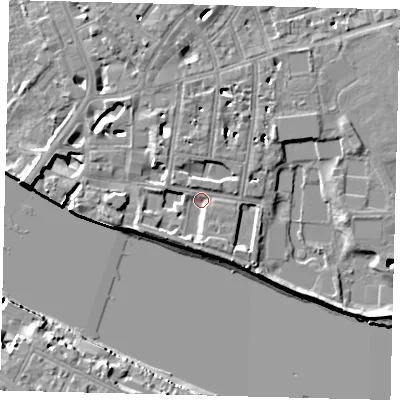 Shaded relief map of the ground around SW63SE, computed from Environment Agency LiDAR. The ground here sits at about 4 m above sea level and falls 13 m across the surrounding 800 m. Surface water reaching this point runs off ground lying to the west, 9.3 m higher.