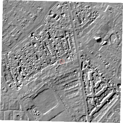 Shaded relief map of the ground around SW63SL, computed from Environment Agency LiDAR. The ground here sits at about 4 m above sea level and falls 7 m across the surrounding 800 m. Surface water reaching this point runs off ground lying to the south-west, 3.9 m higher.