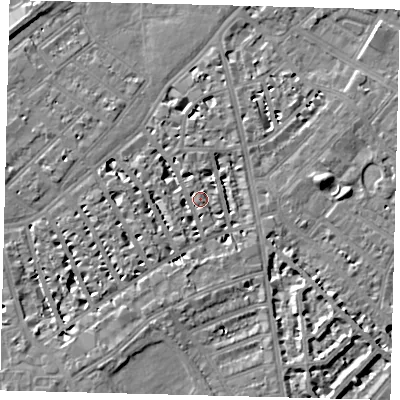 Shaded relief map of the ground around SW63SN, computed from Environment Agency LiDAR. The ground here sits at about 5 m above sea level and falls 7 m across the surrounding 800 m. Surface water reaching this point runs off ground lying to the south, 1.9 m higher.