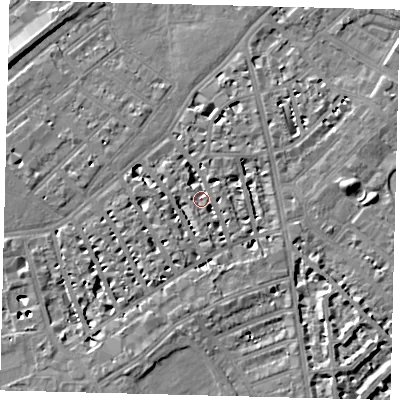 Shaded relief map of the ground around SW63SP, computed from Environment Agency LiDAR. The ground here sits at about 4 m above sea level and falls 8 m across the surrounding 800 m. Surface water reaching this point runs off ground lying to the west, 3.3 m higher.