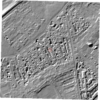 Shaded relief map of the ground around SW63SR, computed from Environment Agency LiDAR. The ground here sits at about 5 m above sea level and falls 8 m across the surrounding 800 m. Surface water reaching this point runs off ground lying to the west, 3.5 m higher.