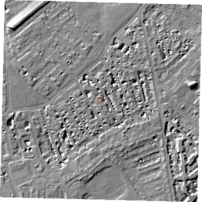 Shaded relief map of the ground around SW63SS, computed from Environment Agency LiDAR. The ground here sits at about 5 m above sea level and falls 8 m across the surrounding 800 m. Surface water reaching this point runs off ground lying to the west-north-west, 2.9 m higher.