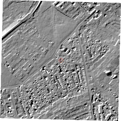 Shaded relief map of the ground around SW63SW, computed from Environment Agency LiDAR. The ground here sits at about 4 m above sea level and falls 8 m across the surrounding 800 m. Surface water reaching this point runs off ground lying to the south, 3.7 m higher.