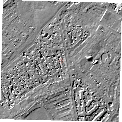 Shaded relief map of the ground around SW63TN, computed from Environment Agency LiDAR. The ground here sits at about 4 m above sea level and falls 8 m across the surrounding 800 m. Surface water reaching this point runs off ground lying to the east, 6.8 m higher.