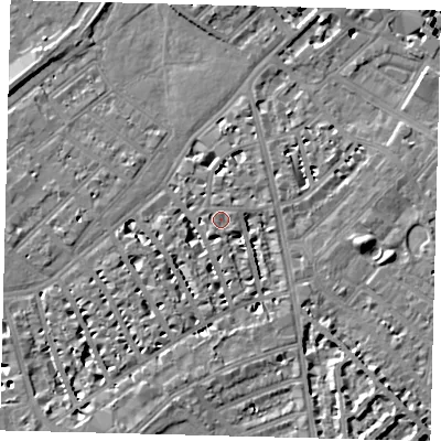 Shaded relief map of the ground around SW63TP, computed from Environment Agency LiDAR. The ground here sits at about 4 m above sea level and falls 8 m across the surrounding 800 m. Surface water reaching this point runs off ground lying to the south-west, 2.8 m higher.