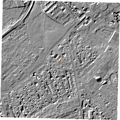 Shaded relief map of the ground around SW63TS, computed from Environment Agency LiDAR. The ground here sits at about 4 m above sea level and falls 8 m across the surrounding 800 m. Surface water reaching this point runs off ground lying to the south, 4.3 m higher.
