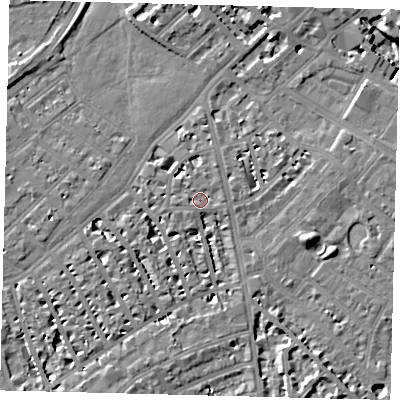 Shaded relief map of the ground around SW63TT, computed from Environment Agency LiDAR. The ground here sits at about 4 m above sea level and falls 9 m across the surrounding 800 m. Surface water reaching this point runs off ground lying to the south-south-west, 4.3 m higher.