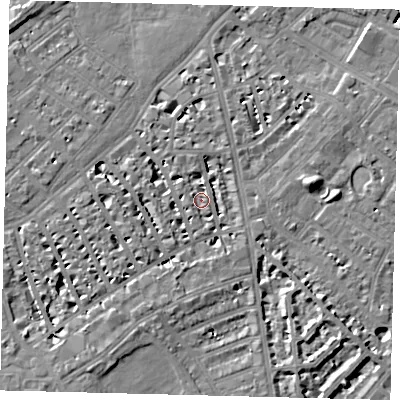Shaded relief map of the ground around SW63TW, computed from Environment Agency LiDAR. The ground here sits at about 4 m above sea level and falls 7 m across the surrounding 800 m. Surface water reaching this point runs off ground lying to the east, 6.8 m higher.