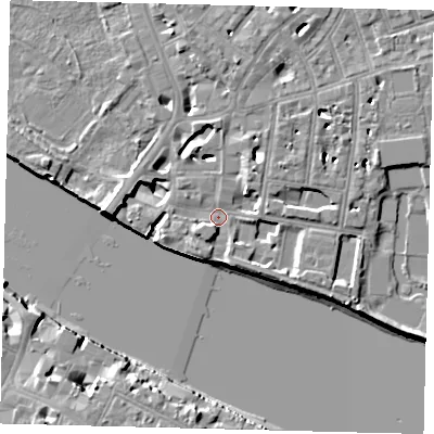 Shaded relief map of the ground around SW63UB, computed from Environment Agency LiDAR. The ground here sits at about 4 m above sea level and falls 10 m across the surrounding 800 m. Surface water reaching this point runs off ground lying to the south-west, 3.9 m higher.