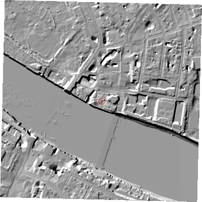 Shaded relief map of the ground around SW63UE, computed from Environment Agency LiDAR. The ground here sits at about 5 m above sea level and falls 11 m across the surrounding 800 m. Surface water reaching this point runs off ground lying to the south-east, 1.6 m higher.