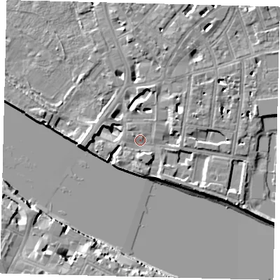 Shaded relief map of the ground around SW63UG, computed from Environment Agency LiDAR. The ground here sits at about 4 m above sea level and falls 10 m across the surrounding 800 m. Surface water reaching this point runs off ground lying to the south, 3.9 m higher.