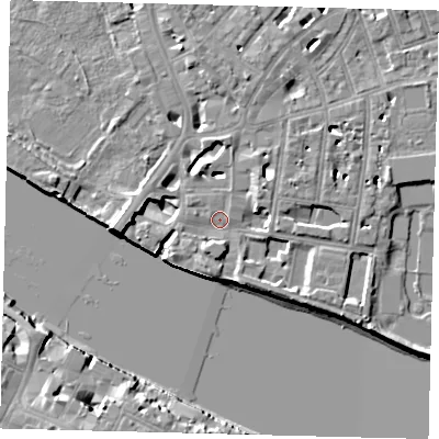 Shaded relief map of the ground around SW63UH, computed from Environment Agency LiDAR. The ground here sits at about 4 m above sea level and falls 10 m across the surrounding 800 m. Surface water reaching this point runs off ground lying to the south-south-west, 3.9 m higher.