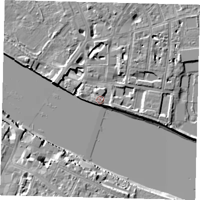 Shaded relief map of the ground around SW63UJ, computed from Environment Agency LiDAR. The ground here sits at about 5 m above sea level and falls 11 m across the surrounding 800 m. Surface water reaching this point runs off ground lying to the south-south-west, 9.5 m higher.