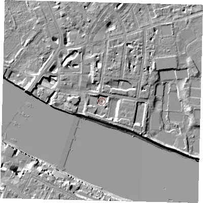 Shaded relief map of the ground around SW63UL, computed from Environment Agency LiDAR. The ground here sits at about 2 m above sea level and falls 10 m across the surrounding 800 m. Surface water reaching this point runs off ground lying to the south-east, 3.3 m higher.