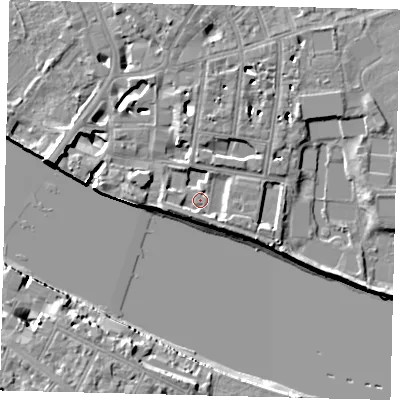 Shaded relief map of the ground around SW63UP, computed from Environment Agency LiDAR. The ground here sits at about 4 m above sea level and falls 11 m across the surrounding 800 m. Surface water reaching this point runs off ground lying to the east-south-east, 2.6 m higher.