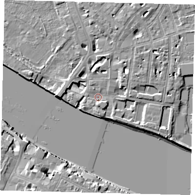 Shaded relief map of the ground around SW63UQ, computed from Environment Agency LiDAR. The ground here sits at about 4 m above sea level and falls 10 m across the surrounding 800 m. Surface water reaching this point runs off ground lying to the south, 3.9 m higher.