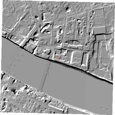 Shaded relief map of the ground around SW63UR, computed from Environment Agency LiDAR. The ground here sits at about 4 m above sea level and falls 11 m across the surrounding 800 m. Surface water reaching this point runs off ground lying to the east-south-east, 3.3 m higher.