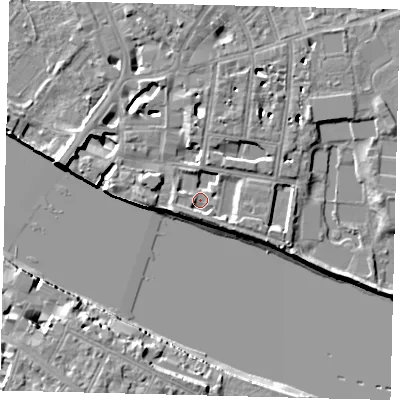 Shaded relief map of the ground around SW63UW, computed from Environment Agency LiDAR. The ground here sits at about 3 m above sea level and falls 11 m across the surrounding 800 m. Surface water reaching this point runs off ground lying to the east-south-east, 3.3 m higher.