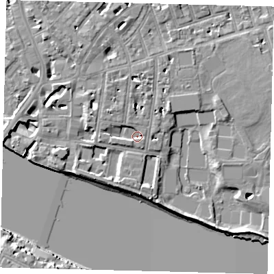 Shaded relief map of the ground around SW63XA, computed from Environment Agency LiDAR. The ground here sits at about 3 m above sea level and falls 12 m across the surrounding 800 m. Surface water reaching this point runs off ground lying to the north-north-west, 2.3 m higher.