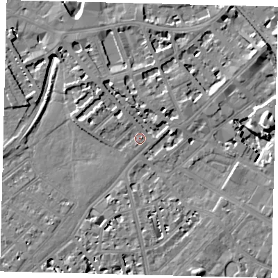 Shaded relief map of the ground around SW64AA, computed from Environment Agency LiDAR. The ground here sits at about 4 m above sea level and falls 13 m across the surrounding 800 m. Surface water reaching this point runs off ground lying to the north-west, 3.0 m higher.