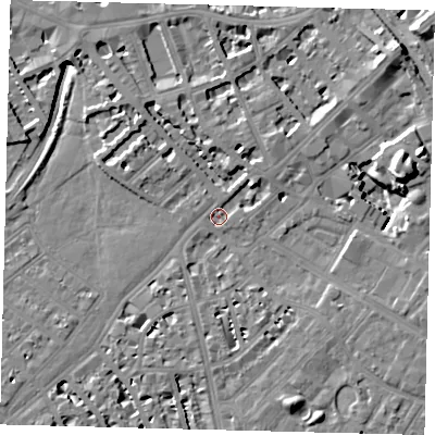 Shaded relief map of the ground around SW64AB, computed from Environment Agency LiDAR. The ground here sits at about 3 m above sea level and falls 13 m across the surrounding 800 m. Surface water reaching this point runs off ground lying to the north-north-west, 3.7 m higher.