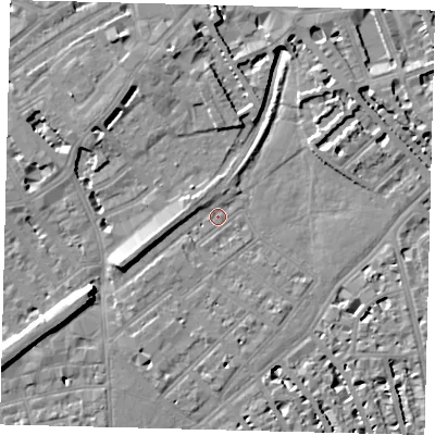 Shaded relief map of the ground around SW64AT, computed from Environment Agency LiDAR. The ground here sits at about 3 m above sea level and falls 10 m across the surrounding 800 m. Surface water reaching this point runs off ground lying to the west-south-west, 5.5 m higher.