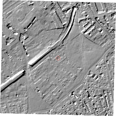 Shaded relief map of the ground around SW64AU, computed from Environment Agency LiDAR. The ground here sits at about 4 m above sea level and falls 10 m across the surrounding 800 m. Surface water reaching this point runs off ground lying to the south-south-west, 3.4 m higher.