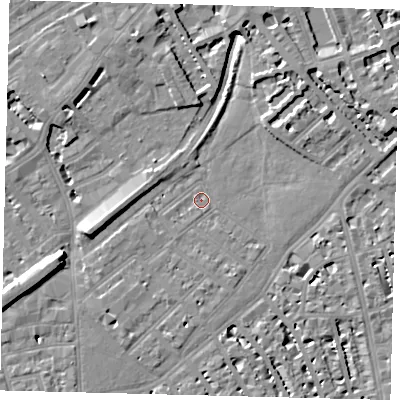 Shaded relief map of the ground around SW64AX, computed from Environment Agency LiDAR. The ground here sits at about 3 m above sea level and falls 9 m across the surrounding 800 m. Surface water reaching this point runs off ground lying to the south-south-east, 3.2 m higher.