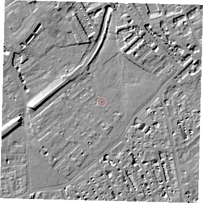 Shaded relief map of the ground around SW64AY, computed from Environment Agency LiDAR. The ground here sits at about 3 m above sea level and falls 9 m across the surrounding 800 m. Surface water reaching this point runs off ground lying to the south-south-east, 1.9 m higher.