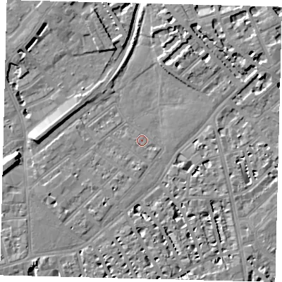 Shaded relief map of the ground around SW64AZ, computed from Environment Agency LiDAR. The ground here sits at about 3 m above sea level and falls 9 m across the surrounding 800 m. Surface water reaching this point runs off ground lying to the south, 1.9 m higher.