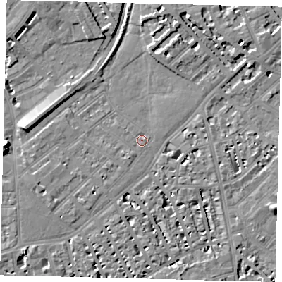 Shaded relief map of the ground around SW64BA, computed from Environment Agency LiDAR. The ground here sits at about 4 m above sea level and falls 8 m across the surrounding 800 m. Surface water reaching this point runs off ground lying to the south-west, 1.9 m higher.