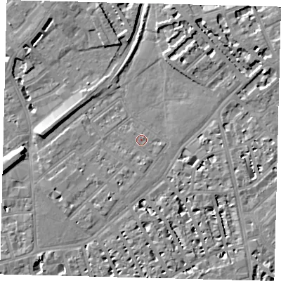 Shaded relief map of the ground around SW64BD, computed from Environment Agency LiDAR. The ground here sits at about 4 m above sea level and falls 8 m across the surrounding 800 m. Surface water reaching this point runs off ground lying to the north-east, 0.8 m higher.