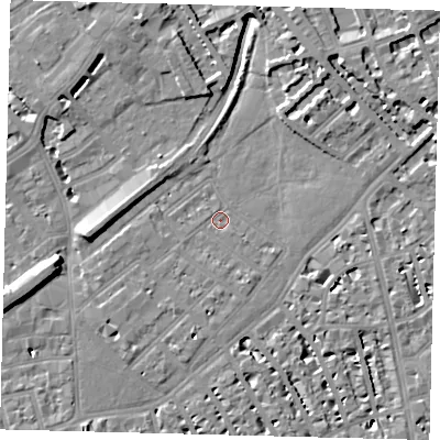 Shaded relief map of the ground around SW64BF, computed from Environment Agency LiDAR. The ground here sits at about 3 m above sea level and falls 9 m across the surrounding 800 m. Surface water reaching this point runs off ground lying to the south-south-east, 1.9 m higher.