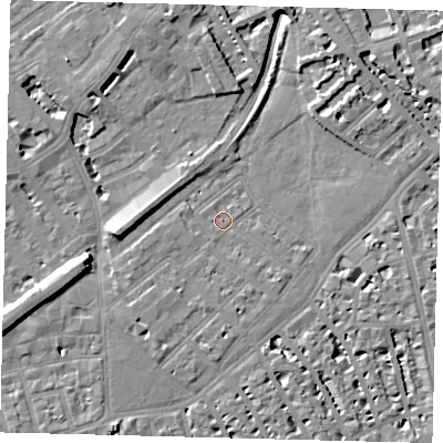 Shaded relief map of the ground around SW64BL, computed from Environment Agency LiDAR. The ground here sits at about 4 m above sea level and falls 10 m across the surrounding 800 m. Surface water reaching this point runs off ground lying to the south-south-east, 1.7 m higher.