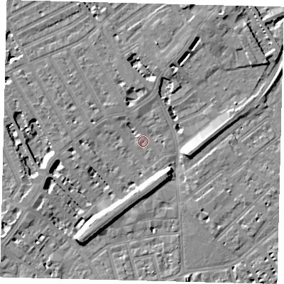 Shaded relief map of the ground around SW64DH, computed from Environment Agency LiDAR. The ground here sits at about 4 m above sea level and falls 9 m across the surrounding 800 m. Surface water reaching this point runs off ground lying to the south-south-west, 8.8 m higher.