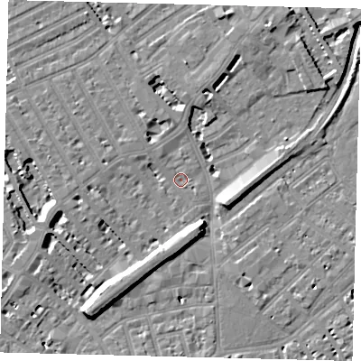 Shaded relief map of the ground around SW64DJ, computed from Environment Agency LiDAR. The ground here sits at about 3 m above sea level and falls 10 m across the surrounding 800 m. Surface water reaching this point runs off ground lying to the south-west, 8.8 m higher.